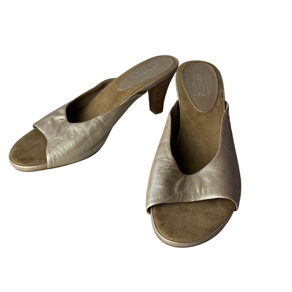 Aerology Heels Women's 8.5 Gold Slip On Peep Toe Mule Slide Sandals Comfort Grip